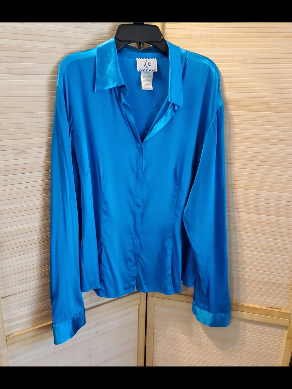 Vintage Ice Bright Blue Satin Silk Button-Up Shirt
